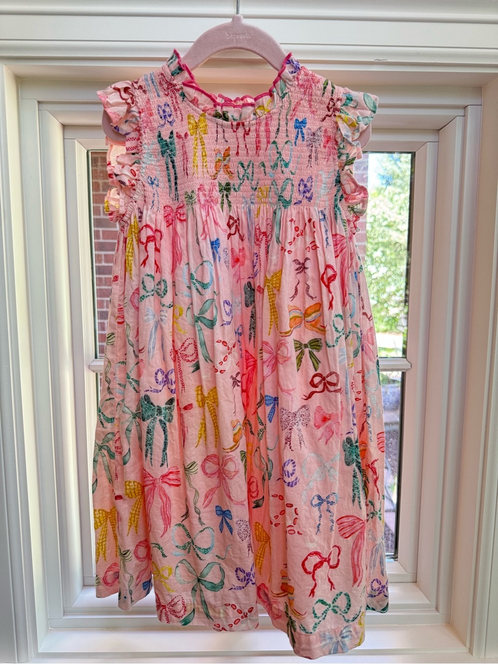 Girls Pink Bow-Print Smocked dress with Ruffle Sleeves